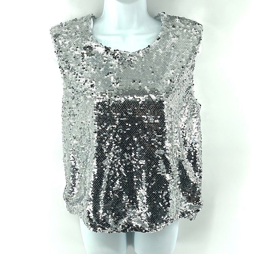 Marc New York silver sequin sleeveless top blouse NEW elastic waist shoulder pad
